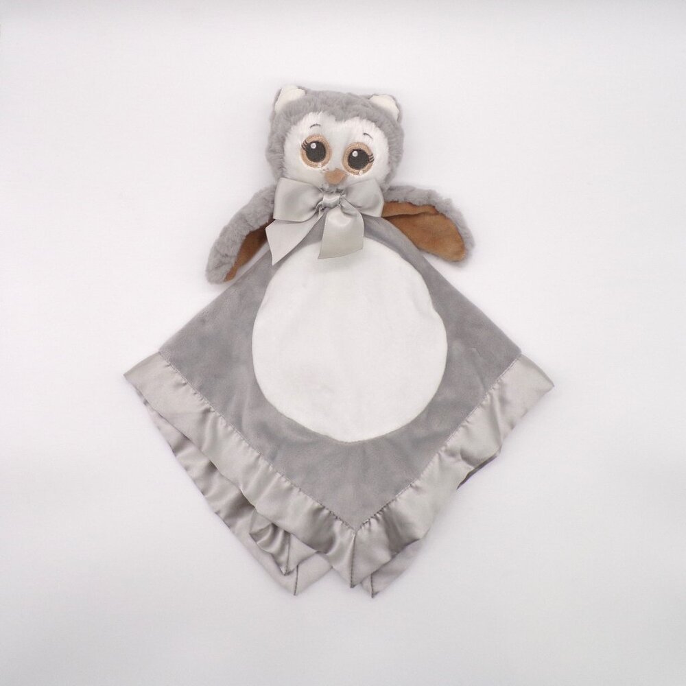 Bearington Baby Collection Owl Lovey Gray White Satin Trim Security Blanket 18”